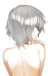  1girl 92m anastasia_(idolmaster) blue_eyes from_behind hand_on_own_shoulder idolmaster idolmaster_cinderella_girls jewelry necklace signature silver_hair simple_background solo topless upper_body white_background 