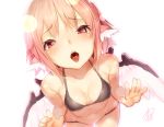  1girl animal_ears ayagi_daifuku bent_over bird_wings blush bra dutch_angle fangs looking_at_viewer midriff mystia_lorelei navel no_hat open_mouth panties pink_hair red_eyes short_hair signature simple_background solo tongue tongue_out touhou underwear white_background wings 