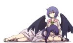  2girls bat_wings bow colored dress full_body hair_bow hair_ornament long_hair long_sleeves looking_at_viewer looking_away lying multiple_girls no_hat on_person patchouli_knowledge puffy_sleeves purple_hair red_eyes remilia_scarlet short_hair short_sleeves simple_background sitting sketch terimayo touhou violet_eyes white_background wide_sleeves wings 