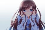  1girl blue_eyes blush brown_hair eyelashes face gradient gradient_background hands_on_own_cheeks hands_on_own_face jewelry long_hair long_sleeves looking_at_viewer nail_polish necklace original pearl_necklace sakuyabm smile solo sweater upper_body 