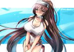  1girl blush breasts brown_eyes brown_hair embarrassed juurouta kantai_collection large_breasts long_hair looking_to_the_side maru-yu_(kantai_collection) maru-yu_(kantai_collection)_(cosplay) one-piece_swimsuit ponytail solo swimsuit v_arms very_long_hair wavy_mouth white_swimsuit yamato_(kantai_collection) 