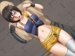 1boy 1girl black_hair closed_eyes crimson_comics final_fantasy final_fantasy_vii navel open_mouth restrained short_hair shorts sweat thigh-highs wet yuffie_kisaragi