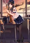  1girl absurdres allenes assault_rifle bag black_hair desk flag fn_scar gun helicopter highres original pantyhose rifle school_bag school_desk school_uniform serafuku solo uh-60_blackhawk weapon 