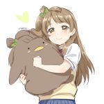  bird blush brown_eyes brown_hair long_hair love_live!_school_idol_project minami_kotori seifuku side_ponytail smile stuffed_animal 