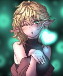  1girl bare_shoulders blonde_hair blown_kiss blush commentary glowing green_eyes head_tilt heart looking_at_viewer messy_hair miata_(pixiv) mizuhashi_parsee off_shoulder one_eye_closed open_mouth pointy_ears shirt solo touhou upper_body 