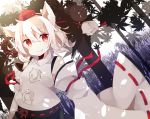  1girl animal_ears autumn_leaves blush detached_sleeves hat inubashiri_momiji leaf looking_at_viewer pom_pom_(clothes) red_eyes ribbon-trimmed_sleeves ribbon_trim sanasanayukikuni shadow short_hair silver_hair skirt smile solo tokin_hat touhou wolf_ears 