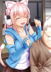  2girls animal_ears bare_shoulders blush breasts bridal_gauntlets cat_ears cat_tail cleavage closed_eyes commentary_request detached_sleeves elbow_gloves fingerless_gloves ganari_ryuu glasses gloves grey_hair headphones headset large_breasts long_hair massage multiple_girls old_woman open_mouth original pink_hair shoulder_massage smile super_tama_musume tail tamatoys 