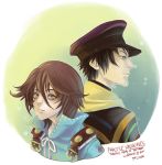  2boys artist_name back-to-back black_hair brown_hair copyright_name crow_(fragile) eun_se fragile green_eyes grey_eyes hat multiple_boys seto_(fragile) watermark 