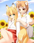  2girls animal_ears blonde_hair blue_sky breasts brown_eyes brown_hair clouds dog_ears dog_tail flower fox_ears fox_tail green_eyes hair_ornament hairclip hajime_(ak-r) hakama japanese_clothes kneeling large_breasts light_brown_hair long_sleeves maki-chan miko multiple_girls multiple_tails open_mouth original personification puffy_short_sleeves puffy_sleeves shiba_inu shirt short_sleeves shoulder_massage sitting skirt sky smile sunflower tail 