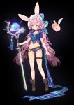  1girl absurdres bag belt bikini_bottom boots bow choker coney flying_pig frills full_body hat highres long_hair looking_at_viewer low_twintails navel original purple_hair solo sparkle staff standing sword thigh-highs thigh_strap twintails very_long_hair weapon 