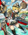  1girl blonde_hair daishou gloves hair_ornament hat highres kantai_collection long_hair machinery peaked_cap prinz_eugen_(kantai_collection) smile solo turret twintails uniform 