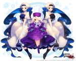  3girls between_legs black_legwear blue_legwear blue_n boots copyright_name dress eyebrows eyebrows_visible_through_hair fate/stay_night fate_(series) hand_between_legs hat illyasviel_von_einzbern kai-ri-sei_million_arthur leysritt leystritt long_hair looking_at_viewer maid multiple_girls one_eye_closed open_mouth purple_boots purple_dress purple_hat red_eyes sella silver_hair skirt_hold smile watermark 