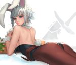  1girl absurdres animal_ears ass bare_shoulders belt blue_eyes breasts brown_legwear bunny_tail bunnysuit carrot cherrylich detached_collar highres large_breasts league_of_legends lips looking_at_viewer lying on_stomach pantyhose rabbit_ears riven_(league_of_legends) short_hair sideboob solo tail white_hair wrist_cuffs 