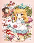  1girl alice_(wonderland) alice_in_wonderland apron blonde_hair blue_eyes blush bowtie bush cake card checkerboard_cookie child cookie cup cupcake dress food gloves hair_ribbon hairband hat long_hair mary_janes mokarooru mushroom oversized_object playing_card rabbit ribbon shoes short_sleeves socks solo teacup teapot tiered_tray top_hat white_rabbit 