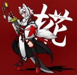 1girl animal_ears black_legwear breasts detached_sleeves geta hat huge_weapon inubashiri_momiji katana kourindou_tengu_costume looking_at_viewer pom_pom_(clothes) red_background red_eyes saihi shield short_hair silver_hair simple_background solo sword tail thigh-highs tokin_hat touhou weapon wolf_ears wolf_tail 
