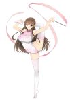  1girl breasts brown_eyes brown_hair gymnastics highres leotard long_hair looking_at_viewer nehani_(tworship) rhythmic_gymnastics smile solo thigh-highs 