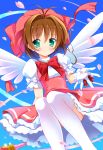  1girl brown_hair cardcaptor_sakura cherry_blossoms dress fuuin_no_tsue gloves green_eyes hair_intakes hat highres kinomoto_sakura magical_girl petals short_hair smile solo squatting thigh-highs wand wings yagami-all_hail_nanao 