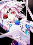  1girl armpits blade blazblue bodysuit braid eyepatch juzu_(tace_clama_nt) looking_at_viewer nu-13 open_mouth red_eyes silver_hair solo 