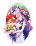  1girl blue_dress blue_eyes bonnet bouquet bow bracelet breasts butterfly cleavage coney dress drill_hair flower hat hat_flower jewelry large_breasts long_hair looking_at_viewer open_mouth original purple_hair rose solo 