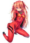  1girl bangs blue_eyes blush bodysuit duct_tape enjin-san_(ekon) evangelion:_3.0_you_can_(not)_redo eyepatch full_body hair_ornament hand_on_ass kneeling legs_apart long_hair looking_at_viewer neon_genesis_evangelion number orange_hair parted_lips pilot_suit plugsuit rebuild_of_evangelion shikinami_asuka_langley simple_background small_breasts solo souryuu_asuka_langley turtleneck two_side_up white_background 