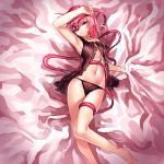  1girl arm_up babydoll covering_one_eye eyeball komeiji_satori lingerie looking_at_viewer lying midriff navel on_back on_bed panties pink_eyes pink_hair short_hair smile solo string third_eye touhou underwear uu_uu_zan 