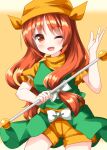  1girl ;d bangs cowboy_shot eyebrows_visible_through_hair green_vest highres holding long_hair looking_at_viewer one_eye_closed open_mouth orange_(touhou) orange_eyes orange_hair orange_shirt orange_shorts ruu_(tksymkw) shirt short_sleeves shorts smile solo standing touhou touhou_(pc-98) vest yellow_background yellow_headwear 