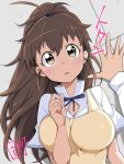  1girl apron blush bowieknife breasts brown_eyes brown_hair commentary_request jpeg_artifacts large_breasts long_hair looking_at_viewer open_mouth ponytail pov signature solo_focus taneshima_popura upper_body waitress wall_slam working!! 