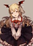  1girl bangs bat_wings black_skirt blonde_hair blush brown_eyes caress collared_shirt commentary_request fang flower frilled_skirt frills granblue_fantasy head_wings highres junwool long_hair long_sleeves open_mouth petting pointy_ears red_rose rose shingeki_no_bahamut shirt sitting skirt solo_focus vampy wings 