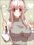  1girl blush breasts commentary_request headphones ladle large_breasts long_hair looking_at_viewer nitroplus pink_eyes pink_hair ribbed_sweater smile solo super_sonico sweater warai 