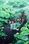  1boy 1girl all_fours artist_name bird black_hair boat coney crab dress duck fish flower green_dress green_eyes highres holding jewelry lily_pad necklace oar open_mouth original outdoors ripples signature sitting tagme water 