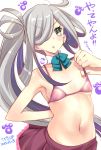  1girl adapted_costume asashimo_(kantai_collection) bikini detached_collar hair_over_one_eye highres kantai_collection navel parody ribbon side_ponytail silver_hair skirt small_breasts solo swimsuit ugeppa yellow_eyes 