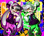  +_+ 2girls aori_(splatoon) black_dress black_hair boots character_name commentary copyright_name detached_collar dress earrings erugura fangs food food_on_head gloves green_legwear highres hotaru_(splatoon) jewelry long_hair looking_at_viewer mask mole mole_under_eye multiple_girls object_on_head one_eye_closed open_mouth pantyhose pointy_ears pose purple_legwear short_dress short_hair short_jumpsuit smile splatoon standing strapless tentacle_hair white_gloves white_hair 