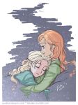  2girls anna_(frozen) bed blonde_hair elsa_(frozen) frozen_(disney) hair_down hug laikaken multiple_girls orange_hair pajamas siblings sisters sleeping 