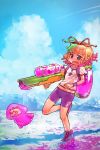  1girl bike_shorts blonde_hair blue_eyes clouds cloudy_sky crossover fang hair_ribbon highres medicine_melancholy paint_splatter pointy_ears ribbon running shoes short_hair short_sleeves sky sneakers solo splatoon squid su-san tank_(container) touhou water_gun wristband yst 