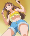  1girl amanogawa_kirara brown_hair earrings go!_princess_precure haruyama_kazunori jewelry long_hair midriff navel panties precure shorts solo star star_earrings underwear violet_eyes 