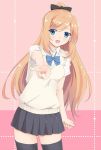  1girl blonde_hair blue_eyes blush highres long_hair looking_at_viewer nehani_(tworship) school_uniform small_breasts smile solo thigh-highs v 