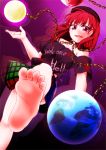  0-den 1girl absurdres bare_shoulders barefoot chain clothes_writing collar dutch_angle earth_(ornament) gradient gradient_background hecatia_lapislazuli highres looking_at_viewer looking_down miniskirt moon_(ornament) off_shoulder open_mouth red_eyes redhead short_hair short_sleeves skirt smile solo t-shirt touhou 