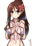  1girl amagi_(kantai_collection) bare_shoulders blush breasts brown_eyes brown_hair embarrassed flower furisode hair_flower hair_ornament japanese_clothes kantai_collection kimono large_breasts long_hair looking_at_viewer mole mole_under_eye ponytail remodel_(kantai_collection) torn_clothes upper_body wavy_mouth 