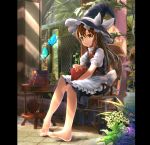  1girl apron barefoot black_dress book book_stack bow brown_hair butterfly chair dikko dress grimoire hair_bow hat kirisame_marisa long_hair looking_at_viewer pillarboxed plant potted_plant puffy_sleeves shirt sitting solo table tile_floor tiles touhou waist_apron witch_hat yellow_eyes 
