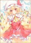  1girl :&lt; blonde_hair blush border colored_pencil_(medium) cowboy_shot cravat flandre_scarlet frown gradient gradient_background hand_on_headwear hat hat_ribbon looking_at_viewer marker_(medium) mob_cap potto_(minntochan) puffy_short_sleeves puffy_sleeves red_eyes ribbon sample short_hair short_sleeves side_ponytail skirt skirt_set slit_pupils solo touhou traditional_media watercolor_(medium) wings 