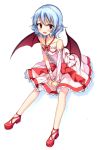  1girl adapted_costume asymmetric_gloves bare_shoulders bat_wings dress junior27016 lavender_hair looking_at_viewer no_hat pink_dress pointy_ears red_eyes remilia_scarlet short_hair sitting solo touhou wings 