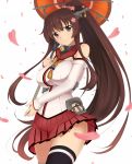  1girl breasts brown_hair cherry_blossoms detached_sleeves flower hair_flower hair_ornament highres kantai_collection long_hair looking_at_viewer nehani_(tworship) ponytail smile solo thigh-highs umbrella violet_eyes white_background yamato_(kantai_collection) 