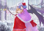  2girls alternate_headwear bat_wings blonde_hair blue_hair capelet catofrage closed_eyes crystal dress flandre_scarlet hat hat_ribbon hug looking_at_viewer multiple_girls open_mouth red_eyes remilia_scarlet ribbon short_hair siblings side_ponytail sisters smile snow snowing touhou wings winter_clothes 