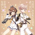  1boy 1girl armor brown_background brown_eyes female headgear ima_(luce365) japanese_armor kantai_collection kote locked_arms male military military_uniform monoyoshi_sadamune sailor_collar sailor_dress salute smile touken_ranbu trait_connection uniform yukikaze_(kantai_collection) 