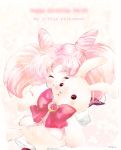  1girl :&lt; artist_name bangs big_hair bishoujo_senshi_sailor_moon blush bow brooch chibi_usa closed_eyes cuddling dated double_bun english happy happy_birthday holding jewelry parted_bangs pink_hair red_bow signature smile solo stuffed_animal stuffed_bunny stuffed_toy taromako twintails 