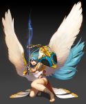  1girl angel aqua_hair byamamam halo long_hair open_mouth shield solo sword very_long_hair weapon wings 