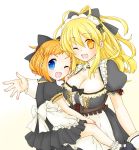  2girls apron blonde_hair blue_eyes bow breasts dual_persona fang hair_bow hair_ornament highres kanaderuyume large_breasts maid_apron maid_headdress multiple_girls neptune_(series) pish smile symbol-shaped_pupils yellow_eyes yellow_heart 