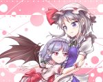  2girls alternate_hairstyle apron bat_wings blue_eyes blue_hair blush bow braid hair_bow hair_ornament hairstyle_switch hat hat_ribbon head_on_chest headwear_switch hug izayoi_sakuya looking_at_another looking_down looking_up maid_headdress minust mob_cap multiple_girls pointy_ears puffy_sleeves red_eyes remilia_scarlet ribbon sash shirt short_sleeves silver_hair skirt skirt_set sweatdrop touhou twin_braids upper_body vest waist_apron wings wrist_cuffs 
