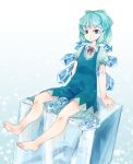  1girl barefoot blue_eyes blue_hair cirno highres ice ice_wings murani shoes_removed short_hair solo touhou wings 