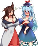  2girls animal_ears bare_shoulders blue_hair blush bow breast_hold breasts brooch brown_hair cleavage collarbone commentary_request dress embarrassed fingernails hair_bow hands_on_hips hat highres huge_breasts imaizumi_kagerou jewelry kamishirasawa_keine long_hair long_sleeves looking_at_viewer multiple_girls navel open_mouth pesogiso red_eyes ribbon see-through simple_background smile tail touhou white_background wide_sleeves wolf_ears wolf_tail 